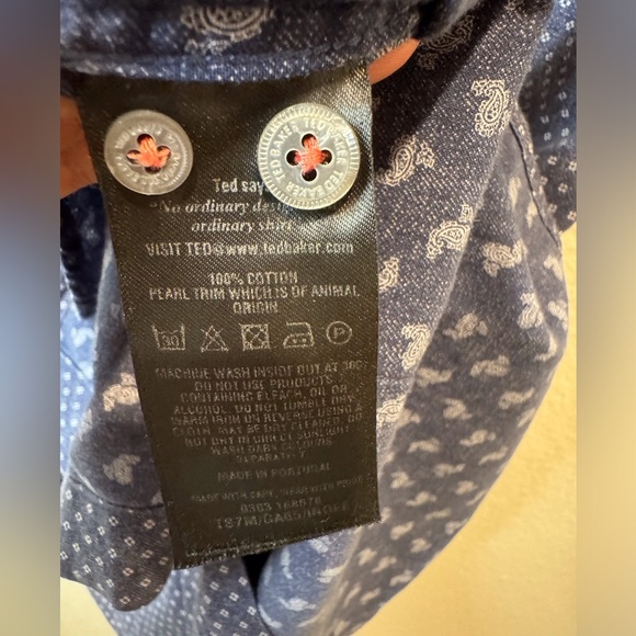 Ted Baker Men’s Navy Paisley Casual Button Down Cotton Short Sleeve Shirt Size 5 - Picture 6 of 6